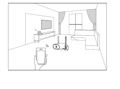 Diagram, der viser telefonen, kameraet og routeren placeret tæt sammen i et rum til parring