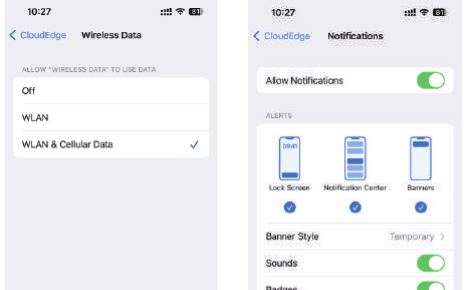 iOS-tilladelsesskærme: Trådløse data indstillet til WLAN og mobildata, og Notifikationer slået til