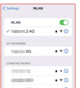 iOS WLAN-indstillinger, der viser et valgt 2,4 GHz-netværk