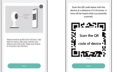 Skærmen med betjeningsvejledning og skærmen Scan QR-kode, der viser enhedens QR-kode