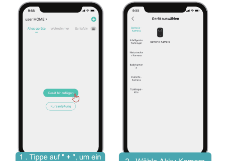 App-skjermbilder: trykk på pluss for å legge til en enhet, velg deretter Batterikamera