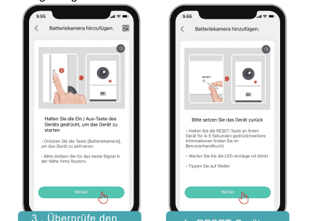 App-skjermbilder: sjekk strømstatus, tilbakestill deretter enheten