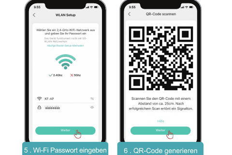 App-skjermbilder: skriv inn Wi-Fi-passordet, generer og skann deretter QR-koden på ca. 25 cm avstand