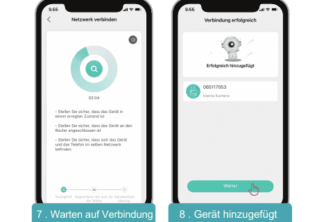 App-skjermbilder: venter på tilkobling, deretter enhet lagt til