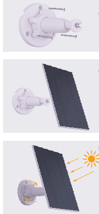 Illustrasjon av montering av solpanelbrakett, festing av panelet og justering av vinkelen mot solen