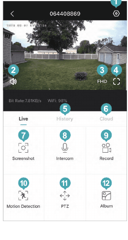 Live-forhåndsvisningsside med nummererte kontroller for innstillinger, høyttaler, oppløsning, fullskjerm, avspilling og nedre verktøylinje
