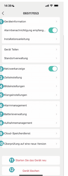 Enhetsinnstillingsside med alternativer for enhetsinformasjon, nettverk, tid, bilde, lyd, alarm, batteri, opptak, skylager og versjon