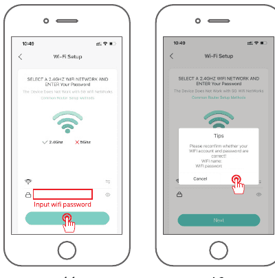 Wi-Fi-oppsett: velg et 2,4 GHz-nettverk, skriv inn passordet, bekreft Wi-Fi-navn og passord