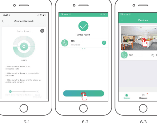Fremdrift for nettverkstilkobling, bekreftelse av funnet enhet og live kameravisning i enhetslisten