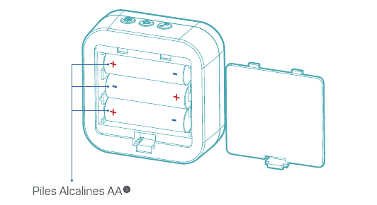 Chime opened showing three AA batteries installed inside the battery compartment