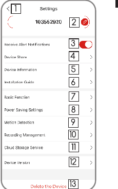Settings interface with numbered options 1 to 13