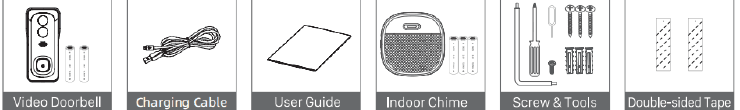 Box contents: Video Doorbell with bracket, Indoor Chime, Charging Cable, Screws & Tools, User Guide, Double-sided Tape