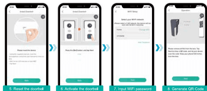 Wi-Fi setup steps 5 to 8 in the CloudEdge app