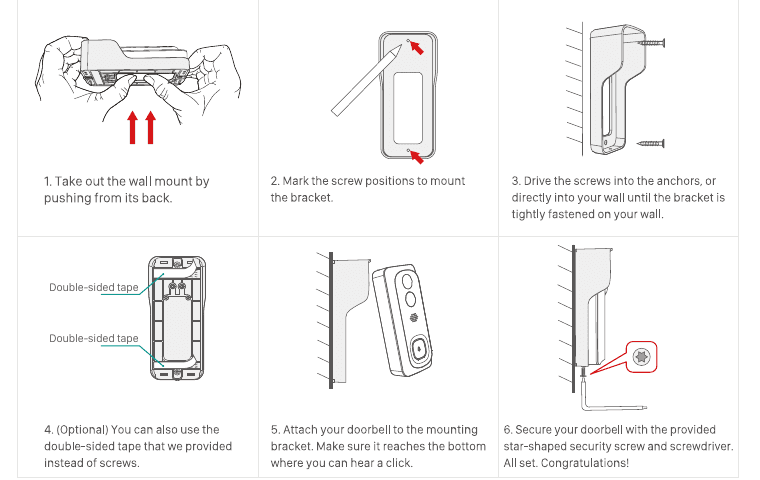 Six-step diagram for mounting the doorbell bracket and attaching the doorbell
