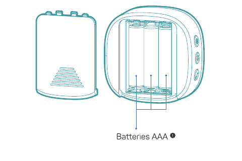 Chime opened showing three AAA batteries installed inside the battery compartment