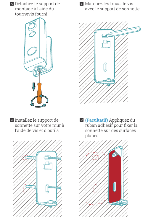 Installation steps A to D: detach the mount, mark the screw holes, fix the mount to the wall, and optionally use adhesive tape