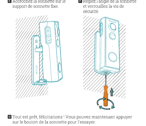 Mounting steps E and F: hook the doorbell onto the fixed bracket and adjust the angle, then lock the security screw