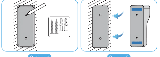 Option 1 uses screws and wall anchors; Option 2 uses adhesive stickers